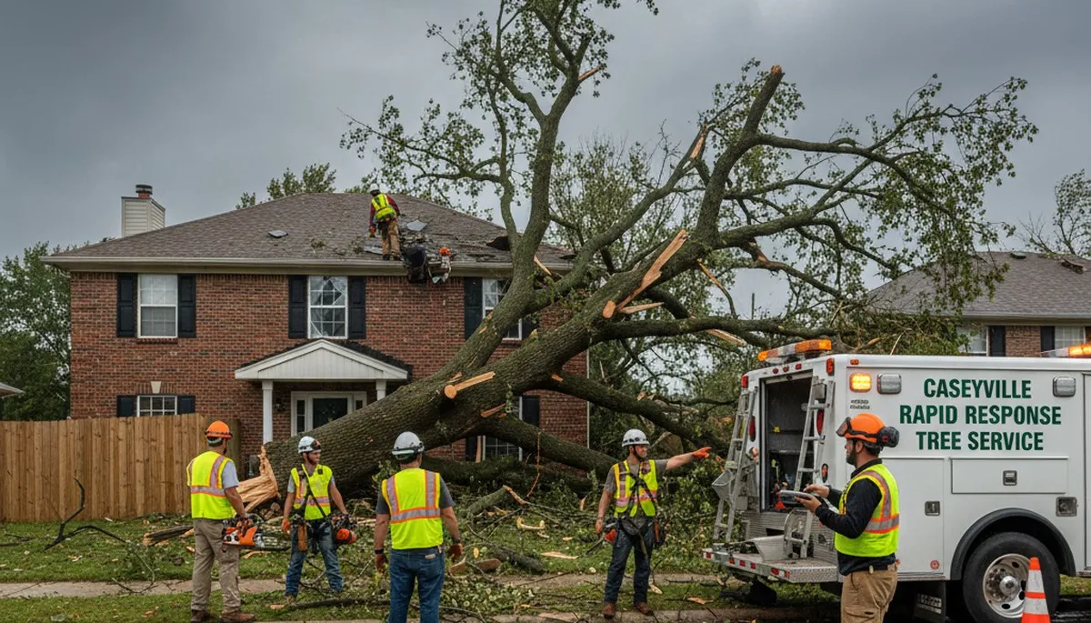 Emergency tree removal crew clearing storm-damaged trees in Caseyville IL near St Louis MO homes