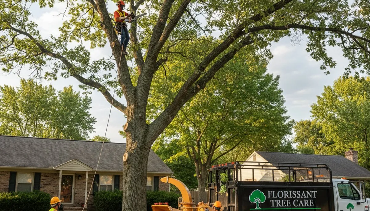 Professional tree removal service crew in St Louis MO safely cutting large oak tree